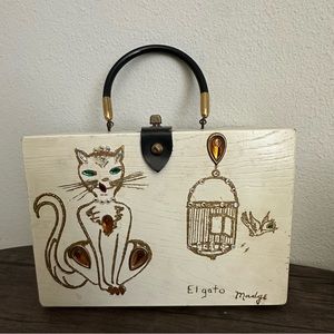 Vintage wood box purse with rhinestone kitten